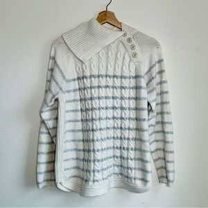 Women's White Stripe Cable‎ Knit Turtleneck Sweater I Asymmetrical Neck I XXL